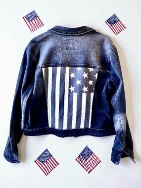 Rock & Republic Black Denim Jacket Patriotic Flag Womens XL